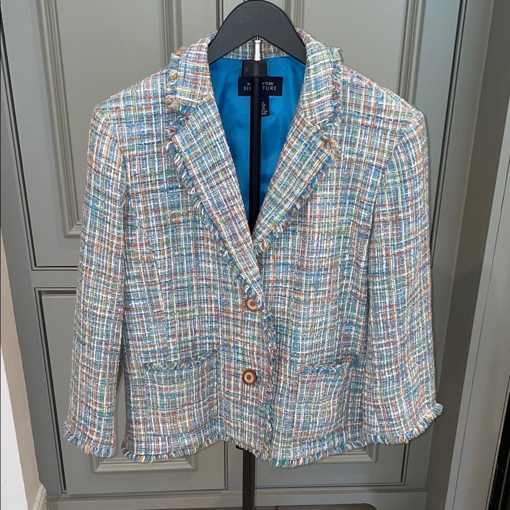 Jones New York Signature Multicolor Tweed Blazer 3/4 Sleeves 14 Like NEW